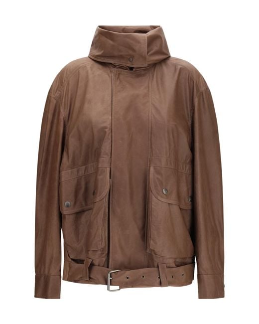 Calvin Klein Brown Isa Belted High Collar Leather Jacket