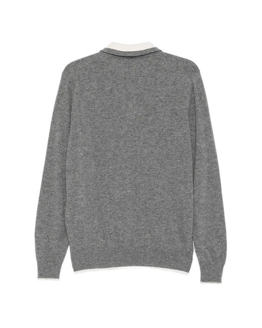Eleventy Gray Contrast-Collar Long-Sleeve Polo Shirt for men