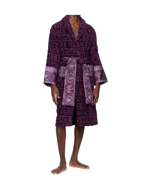 Versace Purple Logo-Print Belted Bathrobe for men