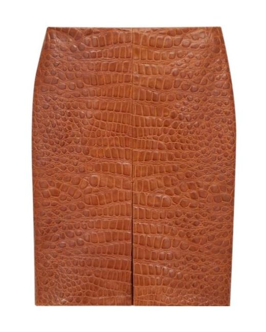 Saint Laurent Brown Leather Croc-Embossed Mini Pencil Skirt