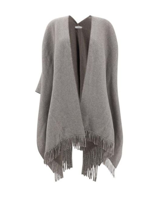 Brunello Cucinelli Gray Reversible Fringed-Edge Poncho