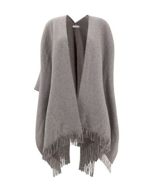 Brunello Cucinelli Gray Reversible Fringed-Esge Poncho