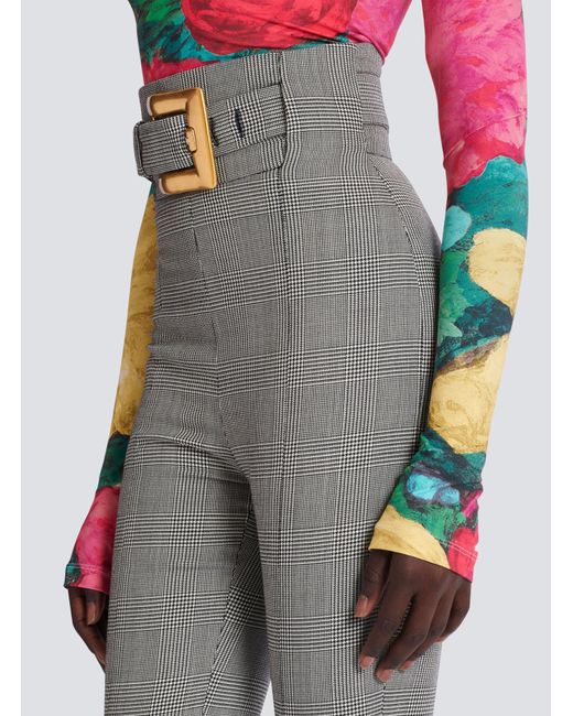 Balmain Gray Checked Belted High-Waist Pants