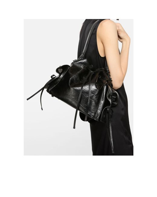 Acne Black Drawstring Ruffled Leather Shoulder Bag