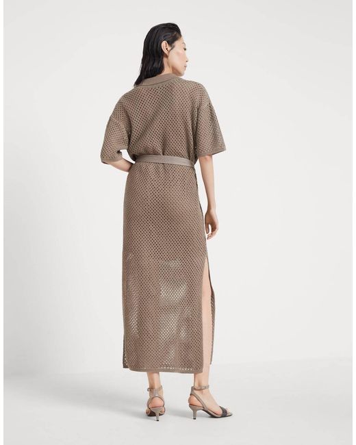 Brunello Cucinelli Natural Crochet-Knitted Belted Midi Dress