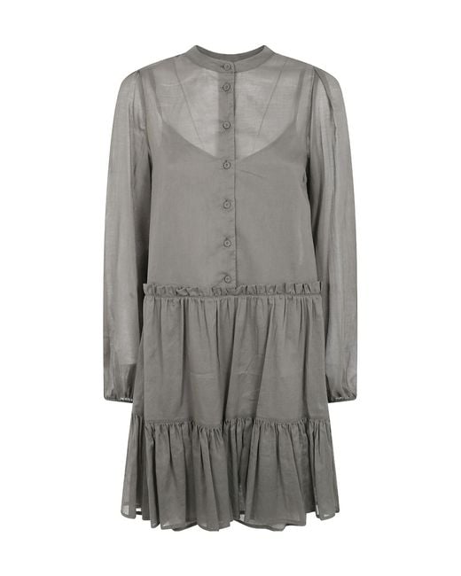 Twinset Gray Sheer Ruffled Shirt Dress