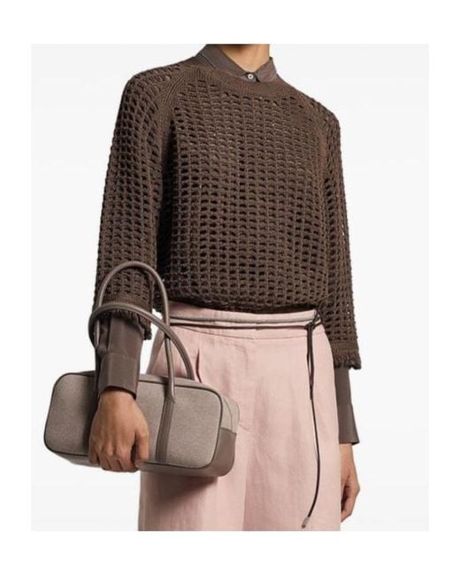 Peserico Brown Openwork Fringed Knitted Sweater