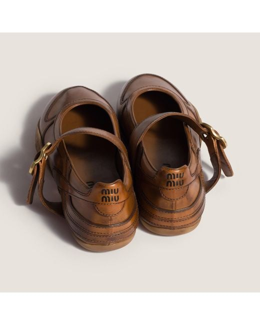 Miu Miu Brown Gymnasium Leather Ballerinas With Strap And Buckle