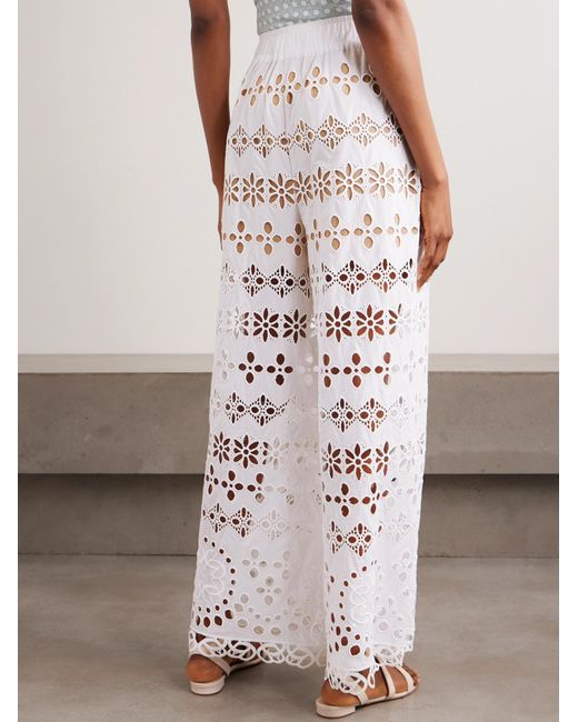 Elie Saab White Broderie Anglaise Straight-Leg Pants