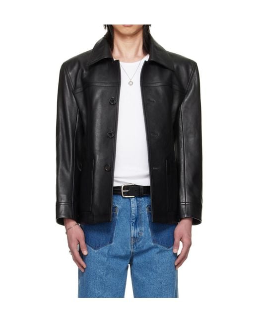 Lu'u Dan Black Bruce Lee X Collaboration Creep Collared Leather Jacket for men