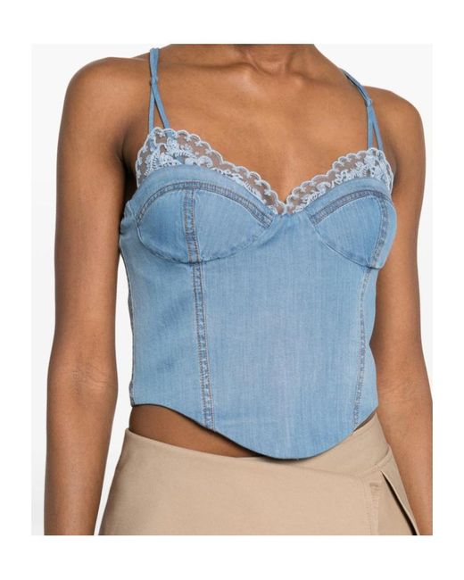 Ermanno Scervino Blue Lace Trim Denim Bustier Top