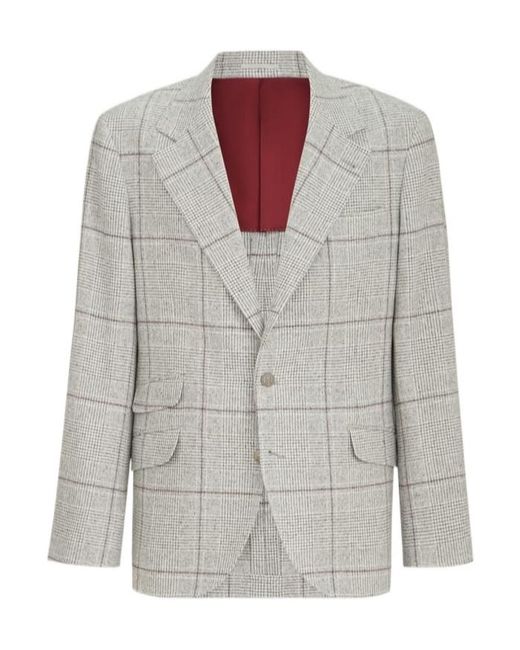 Brunello Cucinelli Gray Silk, Wool And Cashmere Prince-Of-Wales Flannel Deconstructed Cavallo Blazer With Metal Buttons for men