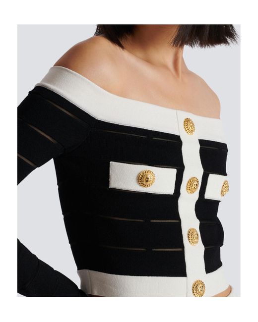 Balmain Black Off-The-Shoulder Crop Top