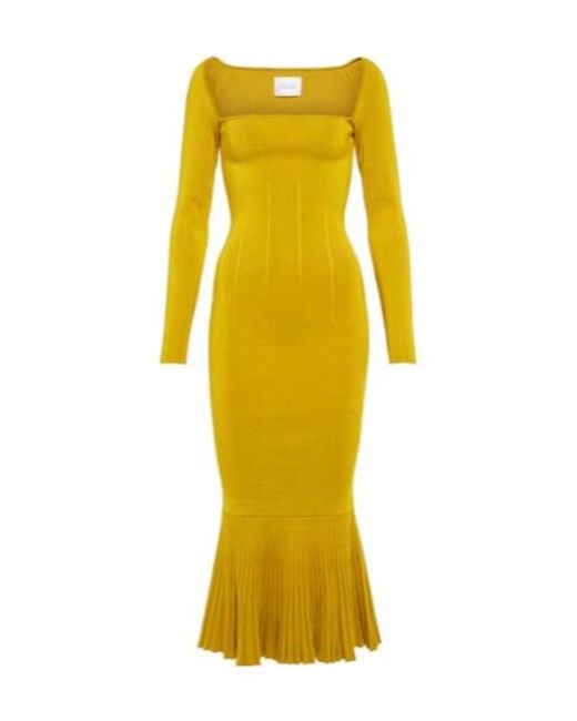 Galvan Yellow Atalanta Ribbed-Knit Midi Dress