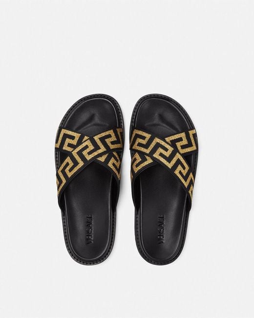 Versace Brown Greca-Embellished Open-Toe Slides for men