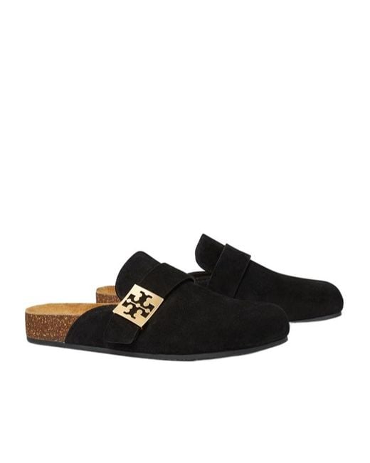 Tory Burch Black Suede Slip-On Mules Logo Hardware