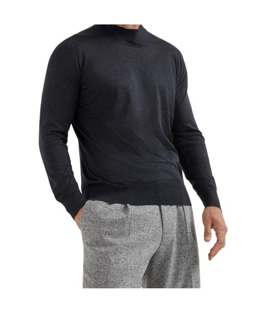 Brunello Cucinelli Blue Mock-Neck Knitted Sweater for men