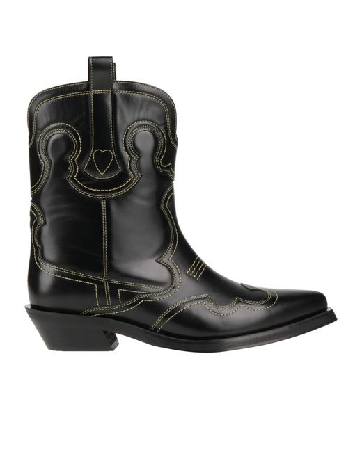 Ganni Black Simple Leather Denim Ankle Boots