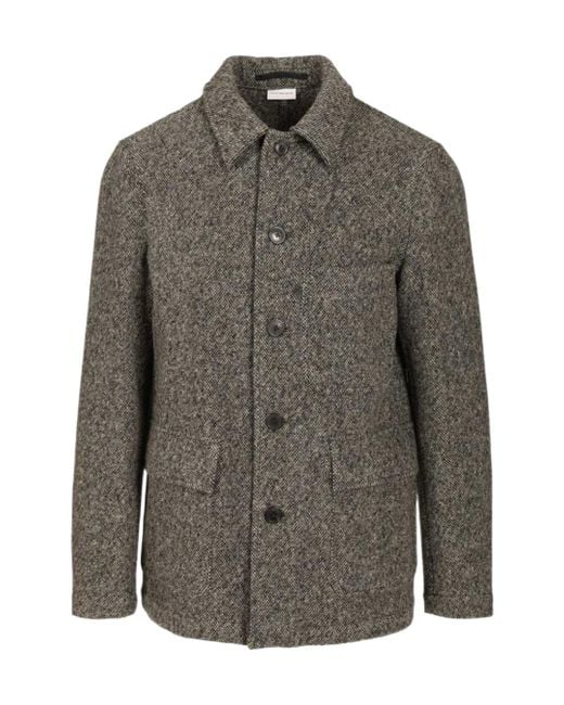 Dries Van Noten Gray Tweed Herringbone Patterned Coat for men