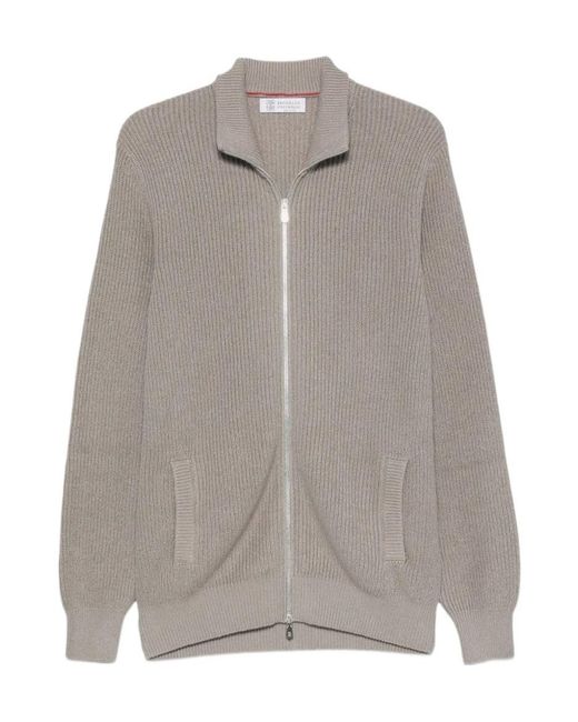 Brunello Cucinelli Gray Ribbed-Knit Zip-Up Cardigan for men