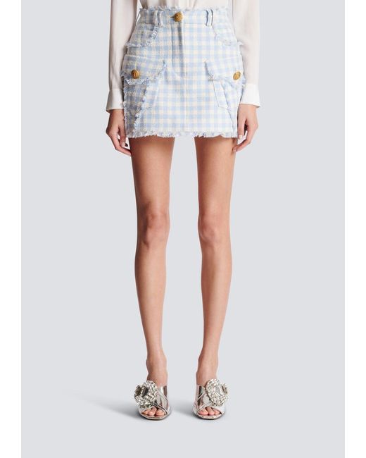 Balmain White Gingham Tweed A-Line Skirt