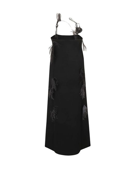 Jil Sander Black Feather-Trim Square Neck Slip Dress