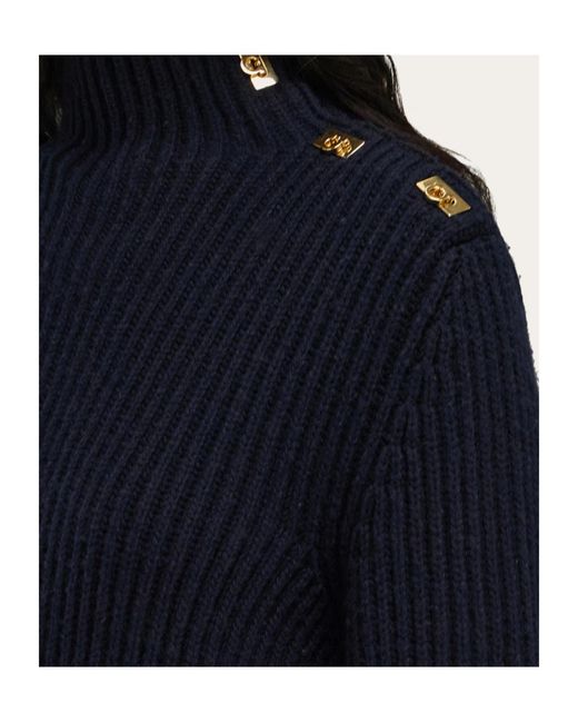 Ferragamo Blue Knitted Sweater With Gancini Button Detail