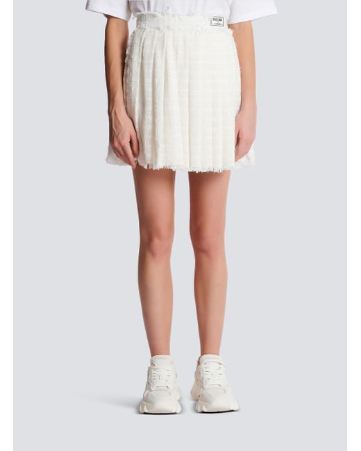Balmain White Logo Patch Pleated Tweed Mini Skirt