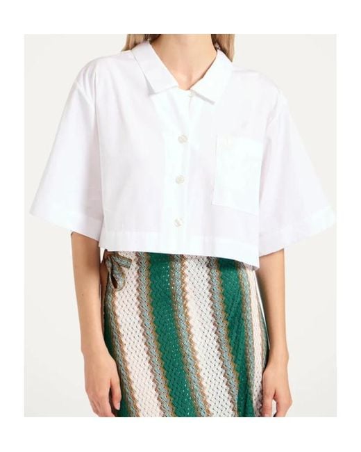 LaDoubleJ White Embroidered-Pocket Cropped Shirt