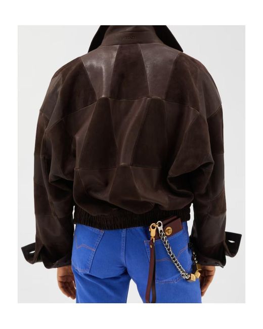 Versace Brown Geometric Panelled Leather Jacket for men