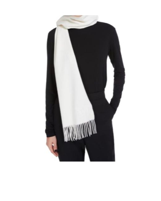 Max Mara White Logo Embroidered Fringed Edge Scarf