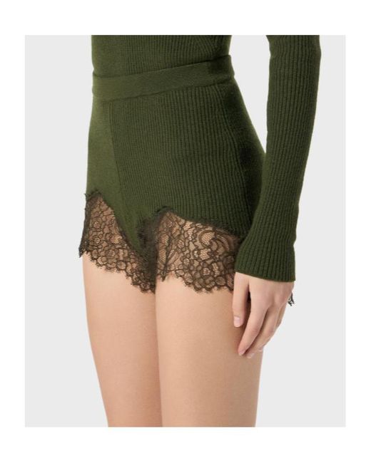Blumarine Green Ribbed Lace-Trimmed Shorts