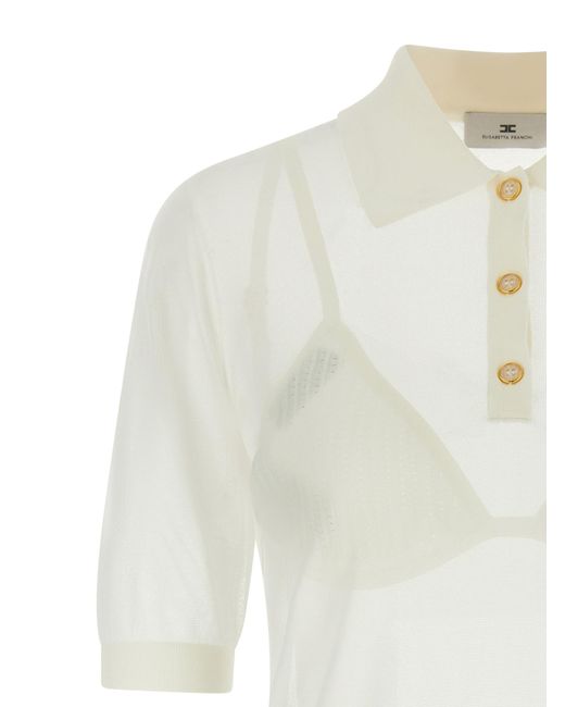Elisabetta Franchi White Sheer Textured Bra Polo Shirt