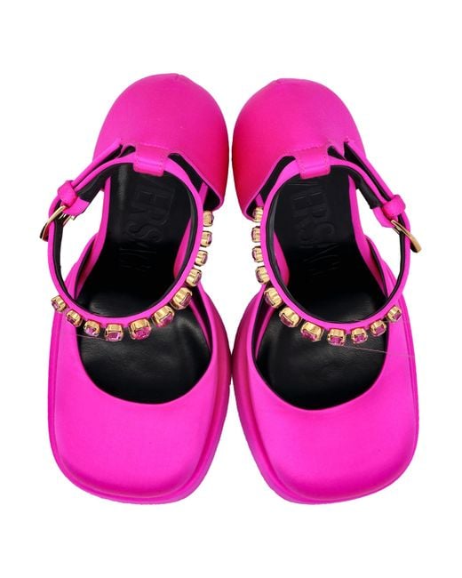 Versace Pink Medusa Head Charm Satin Platform Pumps