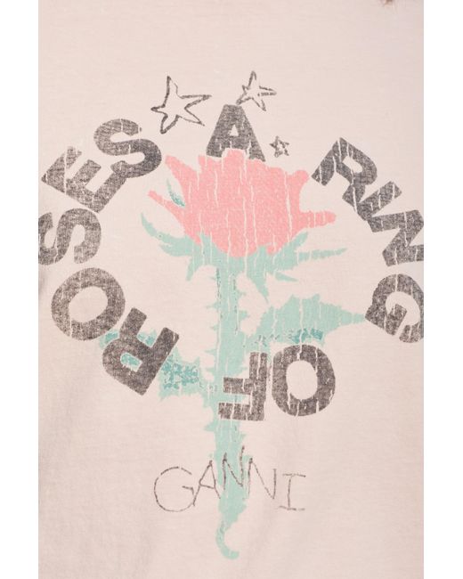 Ganni Pink Floral Printed Crewneck T-Shirt