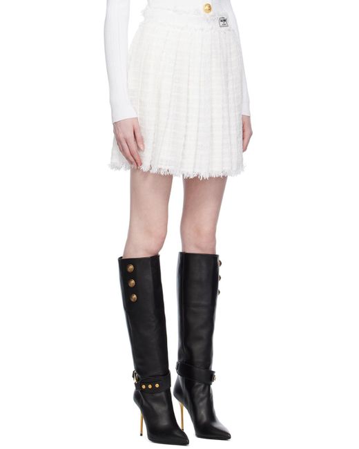 Balmain White Logo Patch Pleated Tweed Mini Skirt