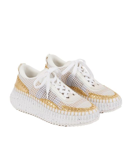 Chloé White Chloé Nama Metallic Detailed Lace-Up Sneakers