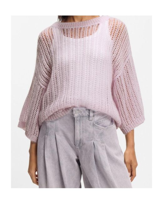 Boss Pink Open-Knit Round-Neck Sweater