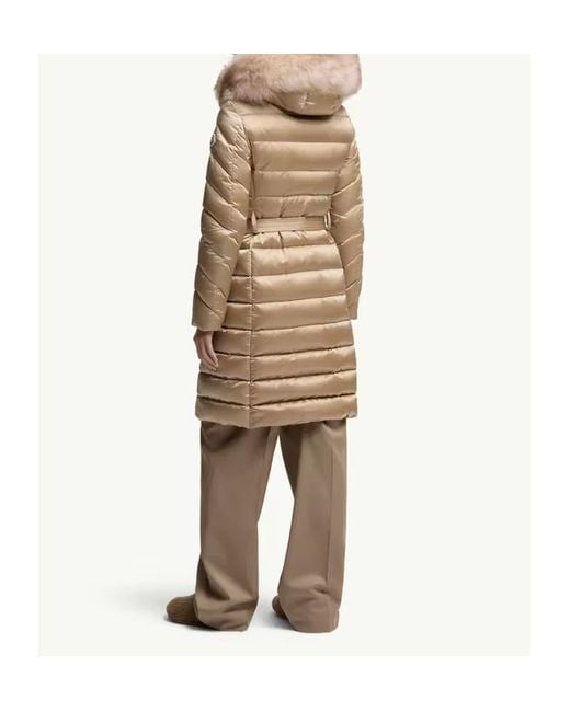 Moncler Natural Leersie Hooded Shearling-Trimmed Long Down Jacket