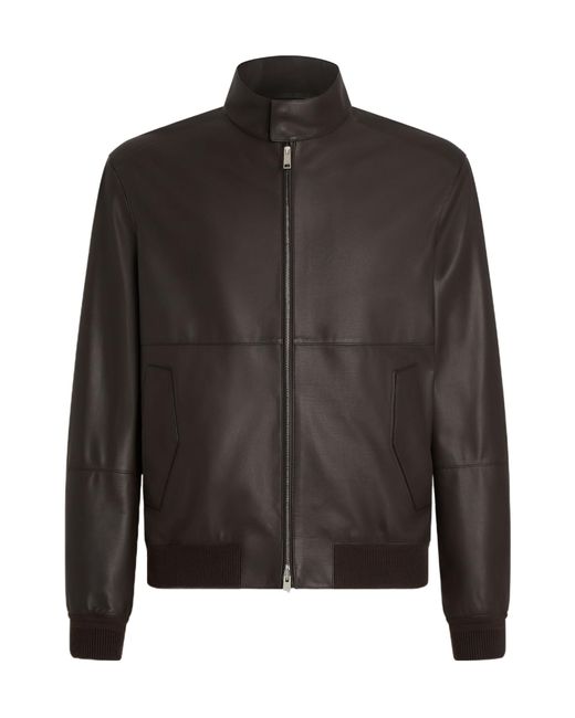 Zegna Black Zip-Up Leather Bomber Jacket for men