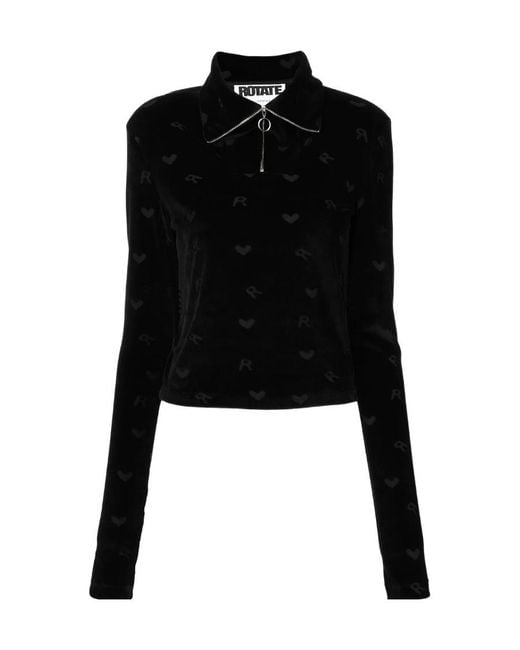 ROTATE BIRGER CHRISTENSEN Black Monogrammed-Velvet Funnel-Neck Top