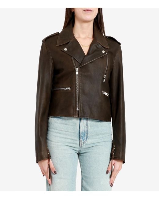 Grifoni Brown Lapel Long-Sleeved Leather Jacket