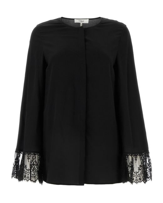 Chloé Black Crepe-De-Chine Collarless Blouse