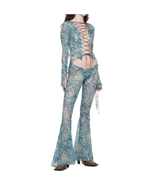 KNWLS Blue Glimmer Graphic-Print Flared Trousers