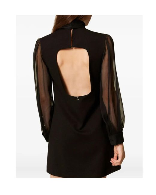 Twinset Black Bow-Neck Sheer-Sleeve Mini Dress