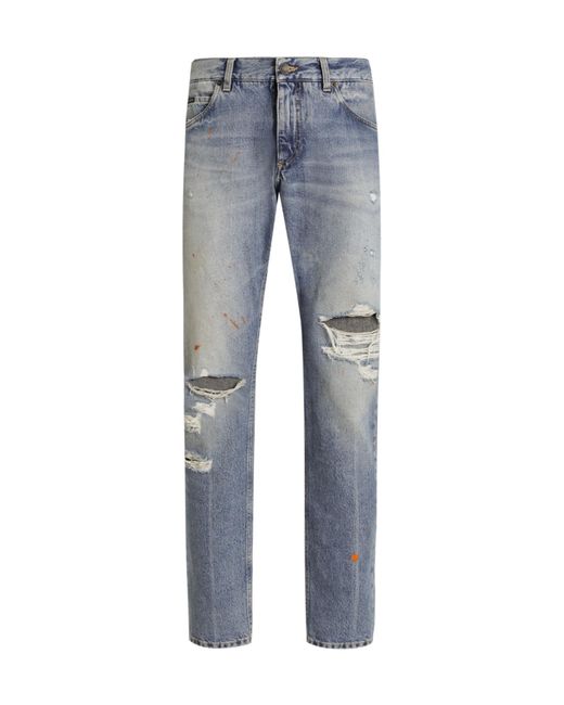 Dolce & Gabbana Blue Ripped Logo-Plaque Jeans for men
