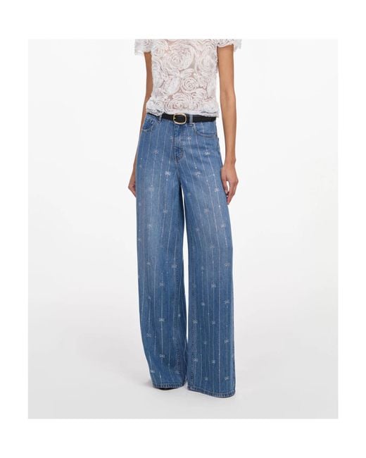 Self-Portrait Blue Rhinestone-Embellished Bow-Print Jeans