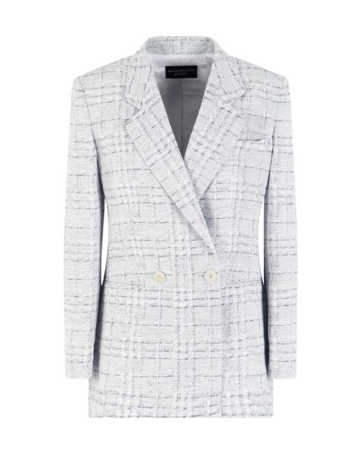 Emporio Armani Blue Icon Double-Breasted Linen-Blend Blazer With A Check Motif