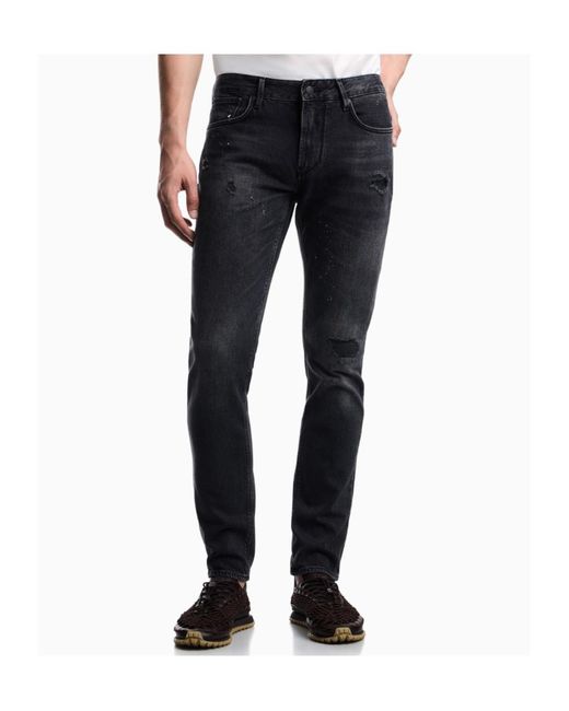 Emporio Armani Blue Five-Pocket Jeans Slim Fit Distressed With Paint Splatters for men