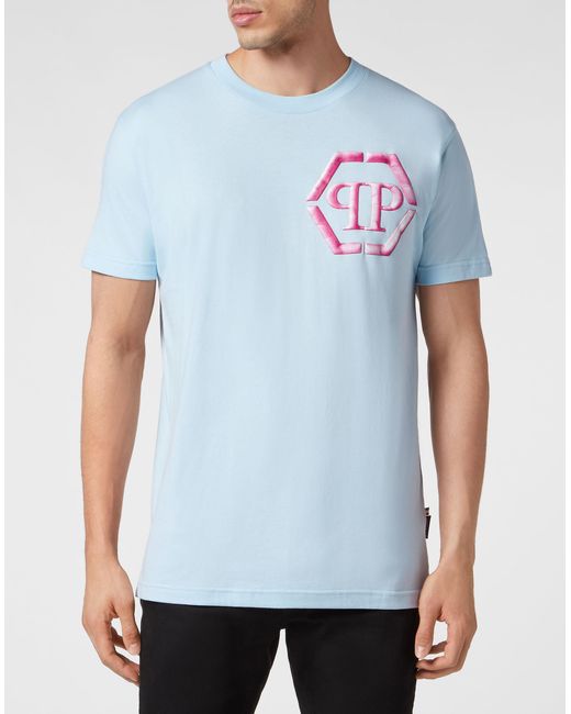Philipp Plein Blue T-Shirt With Round Neck And Short Sleeves for men